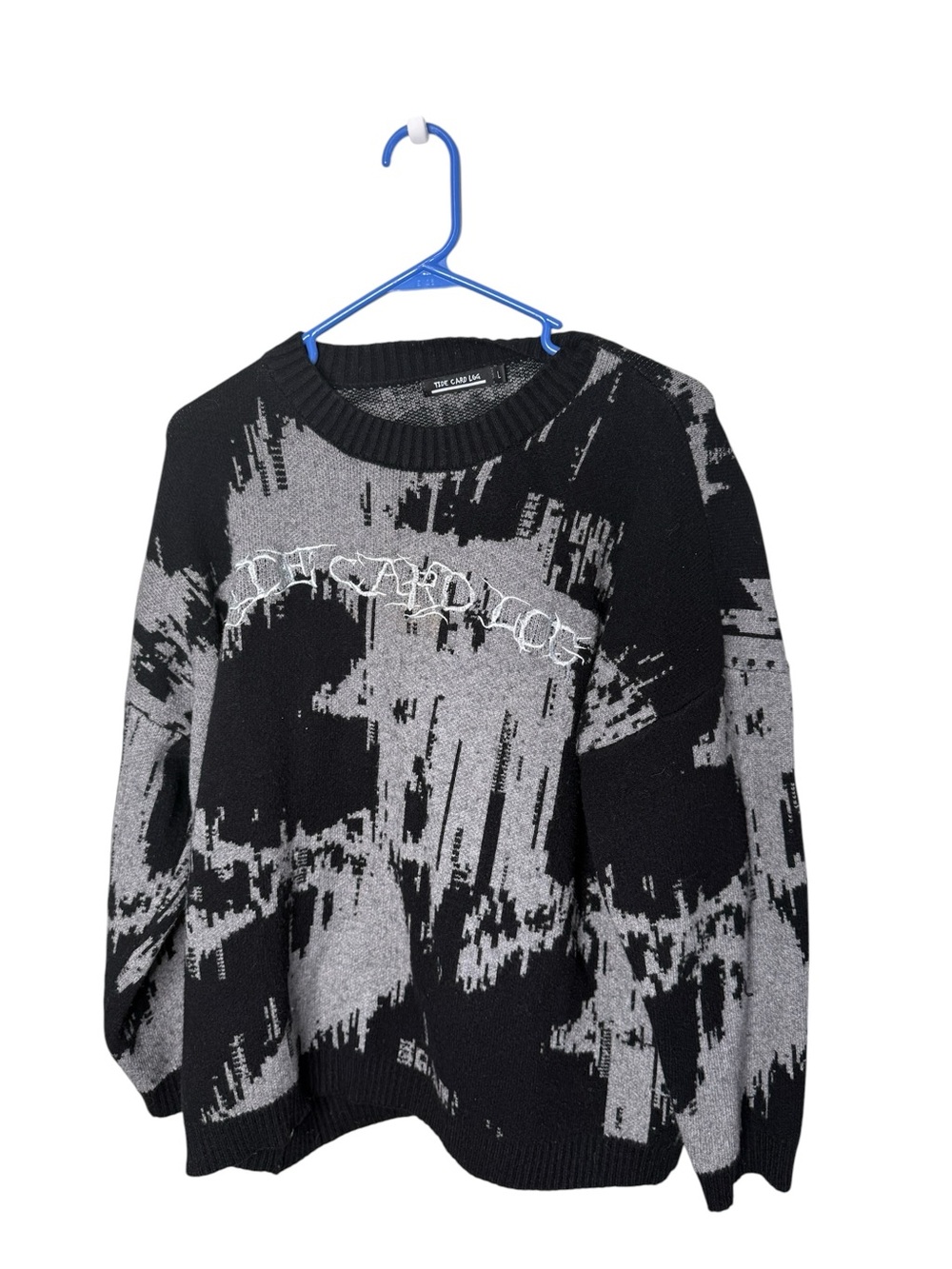 TIDE CARD LOG Black Gray Glitch Abstract Knit Crewneck Sweater Large Streetwear